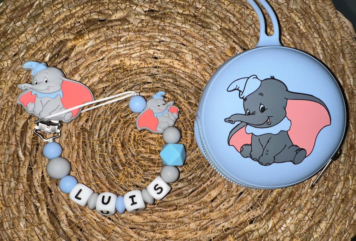 Pack chupetero y portachupetes Dumbo Azul para Bebe - Silicona Segura y Libre de BPA