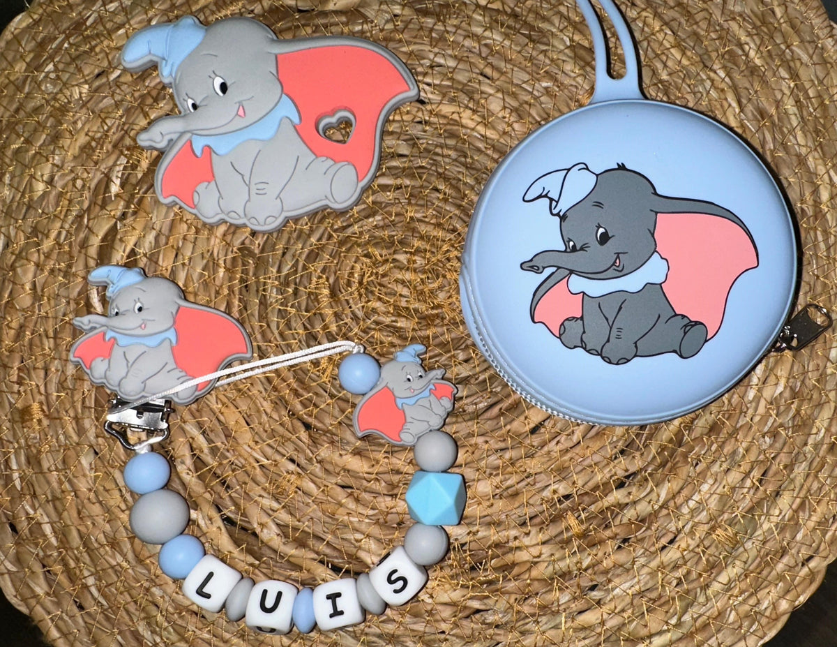 Pack chupetero, portachupetes y mordedor Dumbo Azul para Bebe - Silicona Segura y Libre de BPA