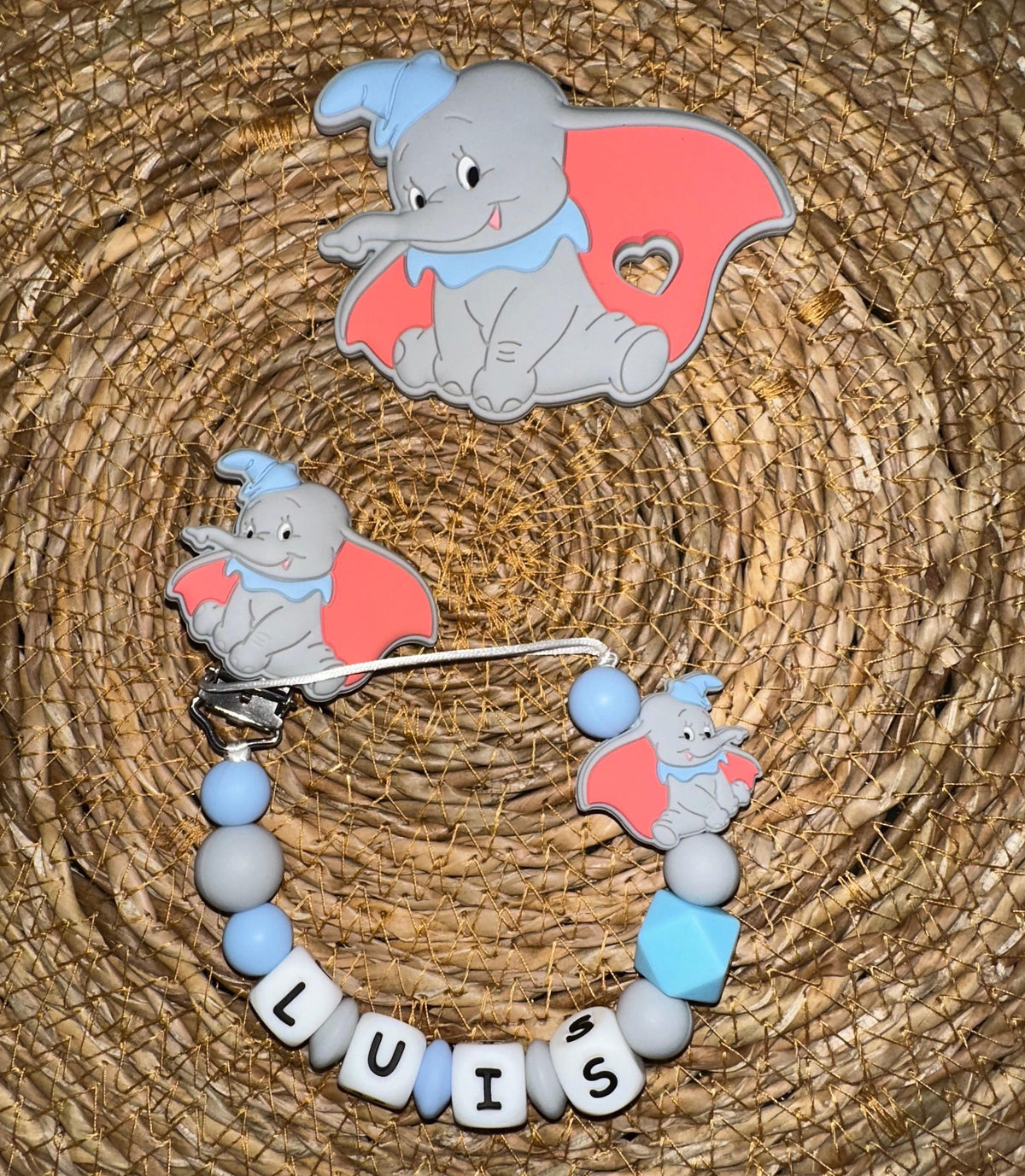 Pack chupetero y mordedor Dumbo Azul para Bebe - Silicona Segura y Libre de BPA
