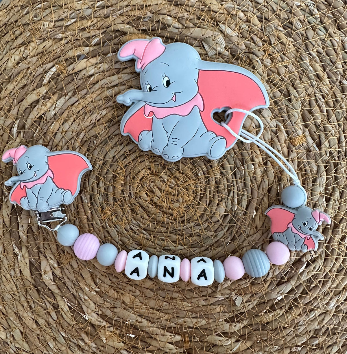 Pack chupetero y mordedor Dumbo Rosa para Bebe - Silicona Segura y Libre de BPA