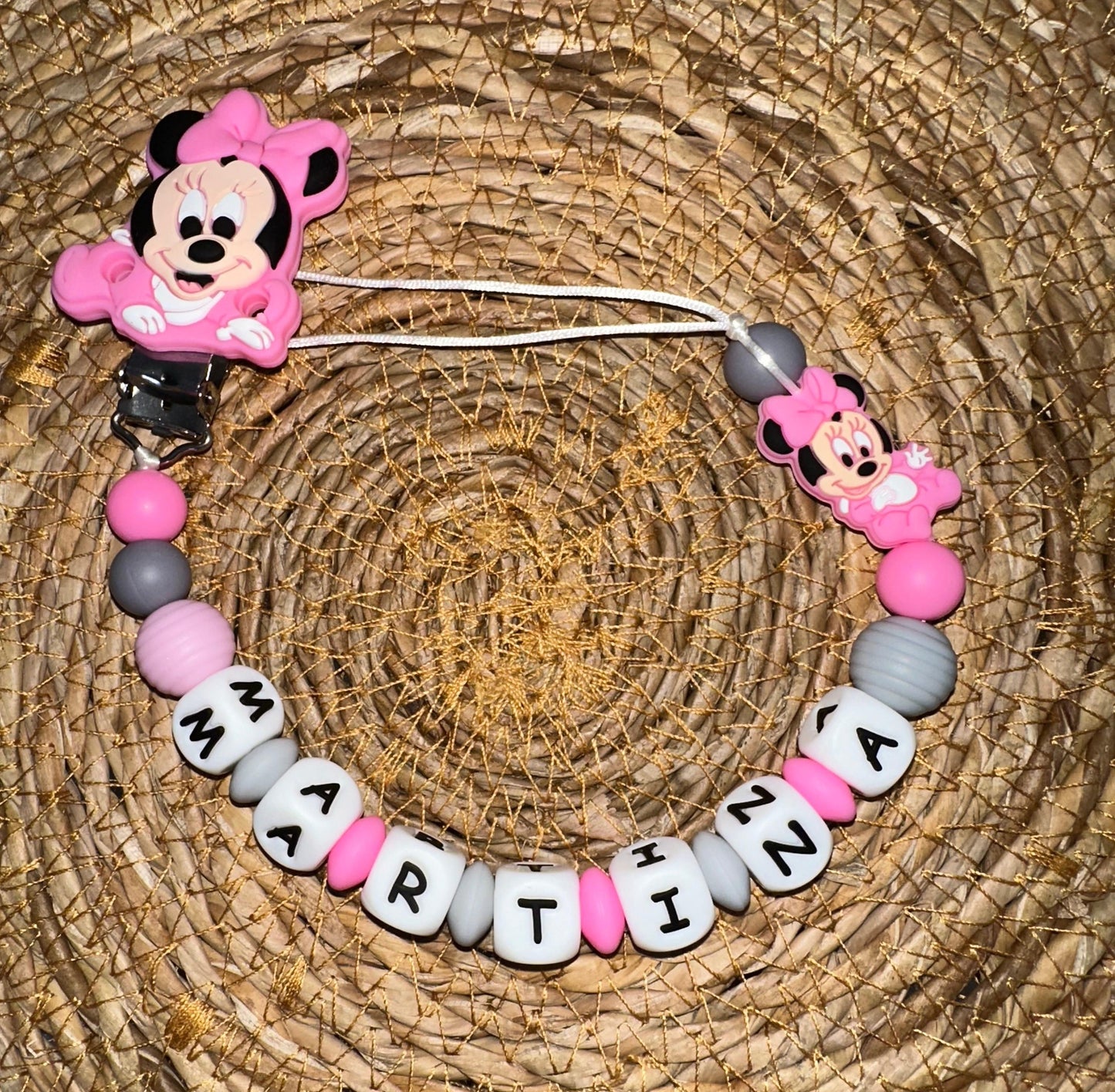 Chupetero Personalizado Minnie Bebé Rosa Fuerte para Bebé – Silicona Segura y Libre de BPA