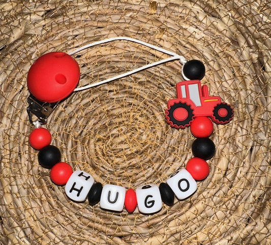 Chupetero Personalizado Tractor Rojo para Bebé – Silicona Segura y Libre de BPA
