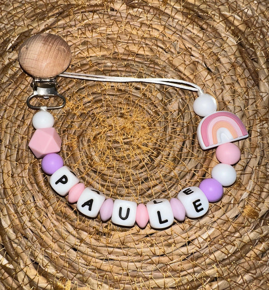 Chupetero Personalizado Arcoiris Rosa Pinza Madera para Bebé – Silicona Segura y Libre de BPA