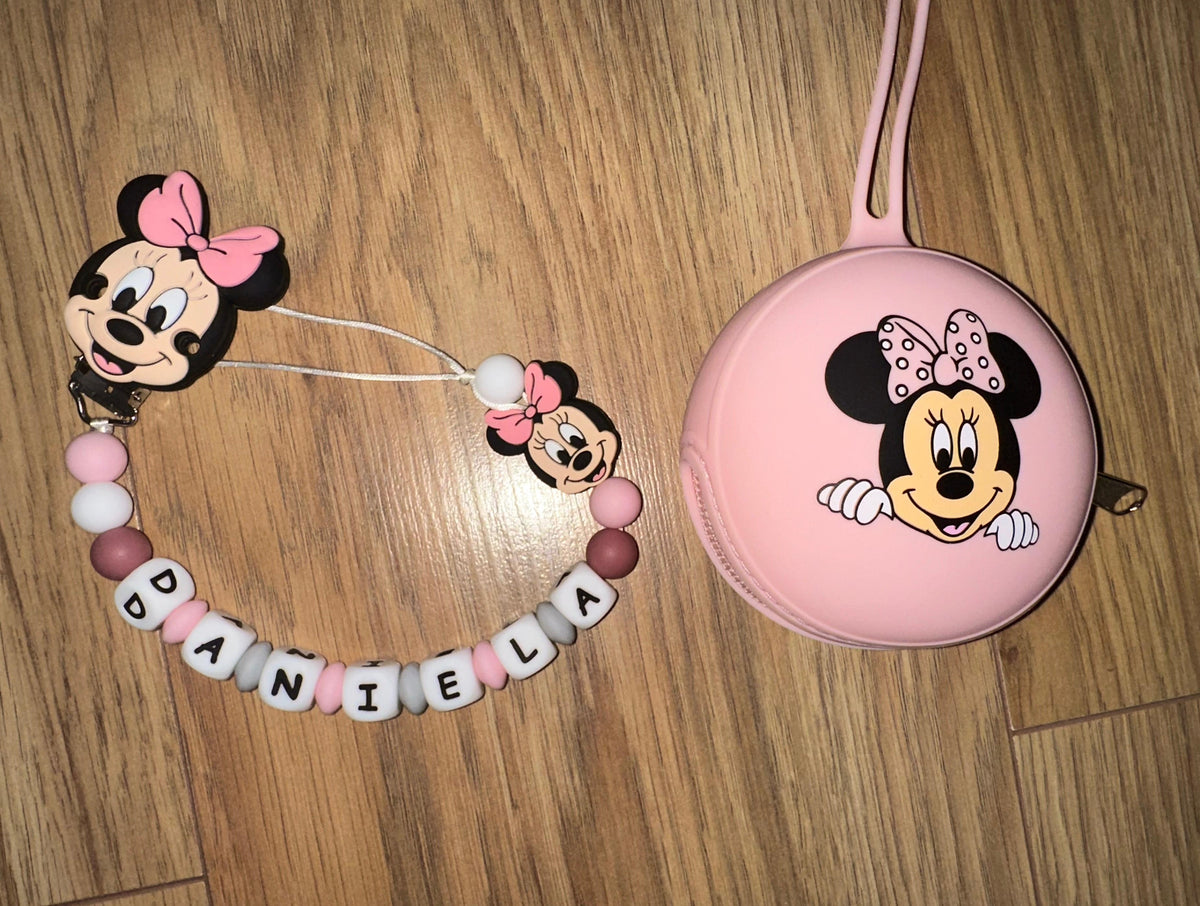 Pack chupetero y portachupetes Minnie Rosa para Bebe - Silicona Segura y Libre de BPA