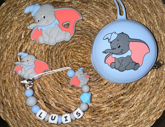 Pack chupetero, portachupetes y mordedor Dumbo Azul para Bebe - Silicona Segura y Libre de BPA