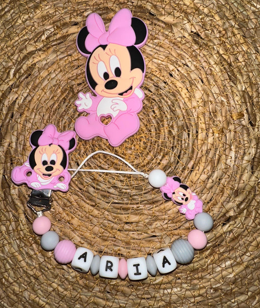 Pack chupetero y mordedor Minnie Rosa Bebé para Bebe - Silicona Segura y Libre de BPA