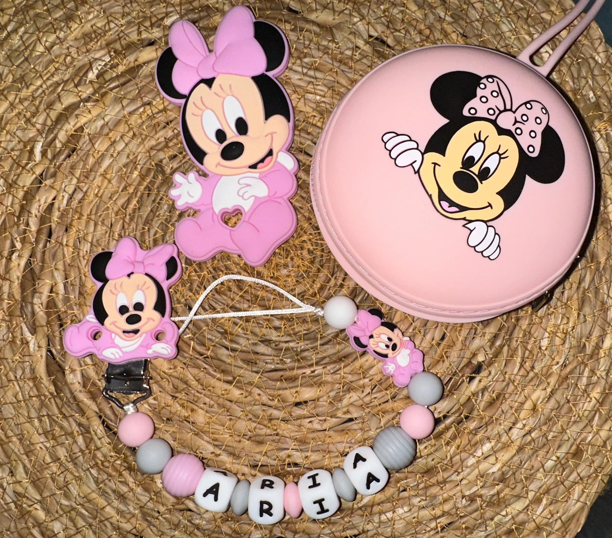 Pack chupetero, portachupetes y mordedor Minnie Rosa Bebé para Bebe - Silicona Segura y Libre de BPA
