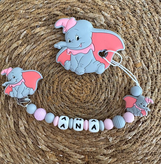 Pack chupetero y mordedor Dumbo Rosa para Bebe - Silicona Segura y Libre de BPA